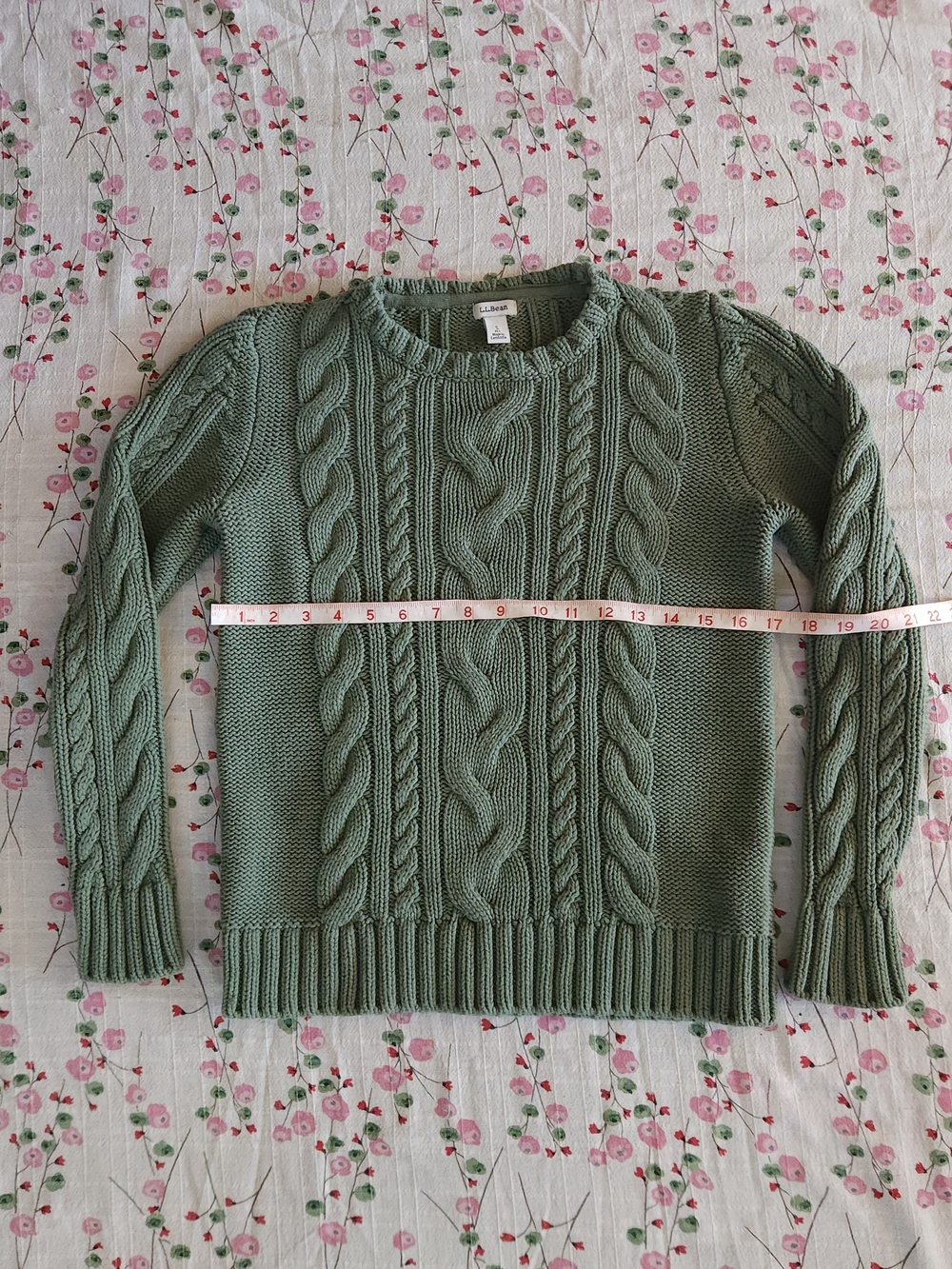 L.L. Bean Double L Cable Crewneck Sweater Sage Green Bay Leaf Cotton Size Small - Picture 10 of 12